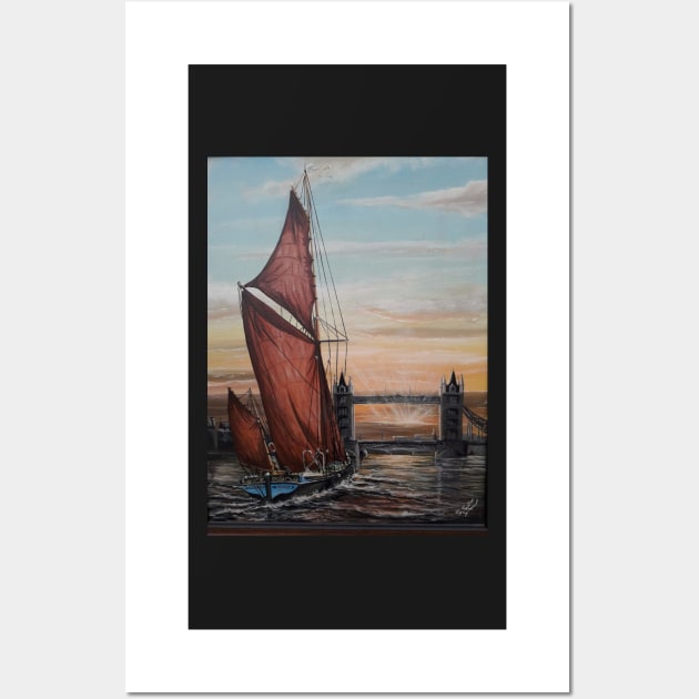 SAILING BARGE DANNEBROG AND TOWER BRIDGE AT SUNSET Wall Art by MackenzieTar